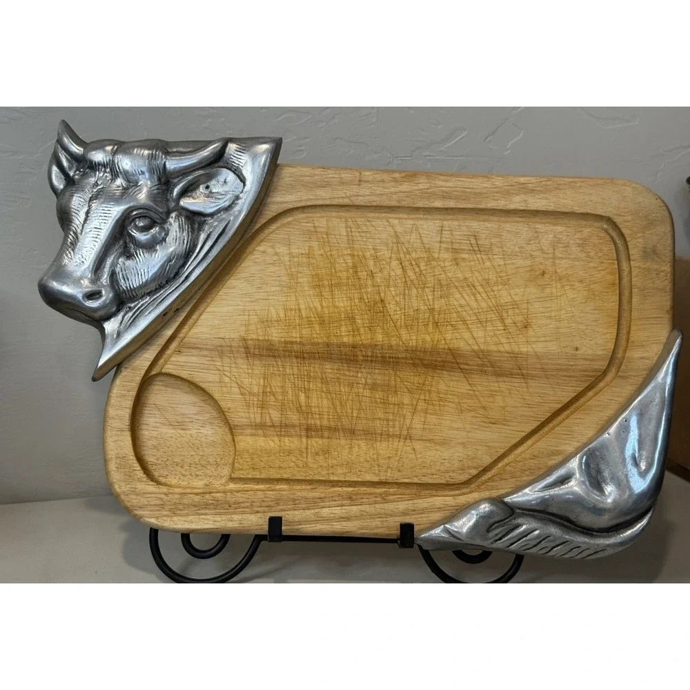 VTG Cow Bull Wood Pewter Cutting Board  Steak Tray Farmhouse Kitchen Decor 19